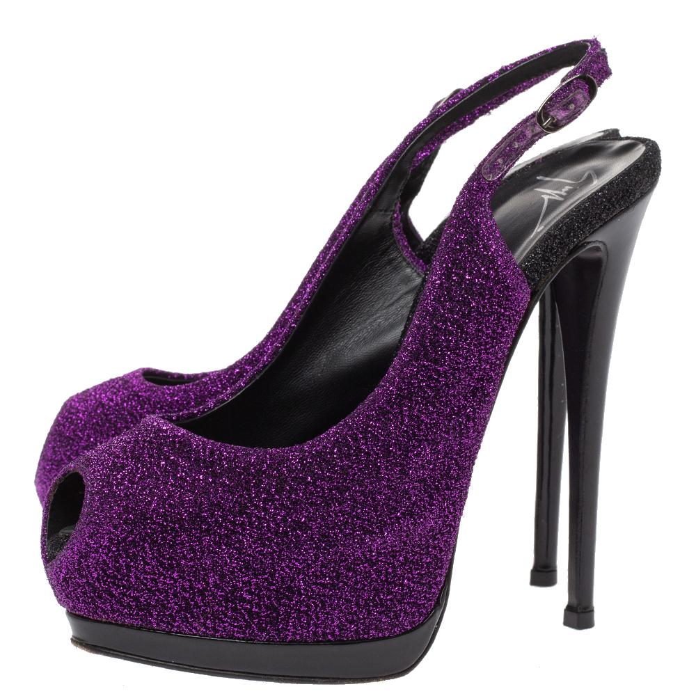 Giuseppe Zanotti Purple Black Patent Leather Peep Toe Slingback Sandals Size 37 In Good Condition In Dubai, Al Qouz 2