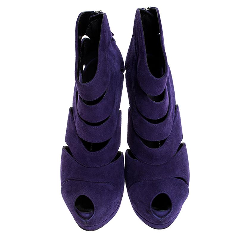 Black Giuseppe Zanotti Purple Cut Out Suede Coline Peep Toe Booties Size 38