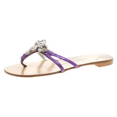 Giuseppe Zanotti Purple Leather Crystal Embellished Flat Sandals Size 36