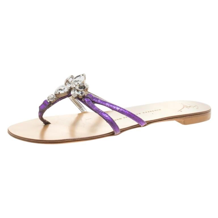 Giuseppe Zanotti Purple Leather Crystal Embellished Flat Sandals Size ...