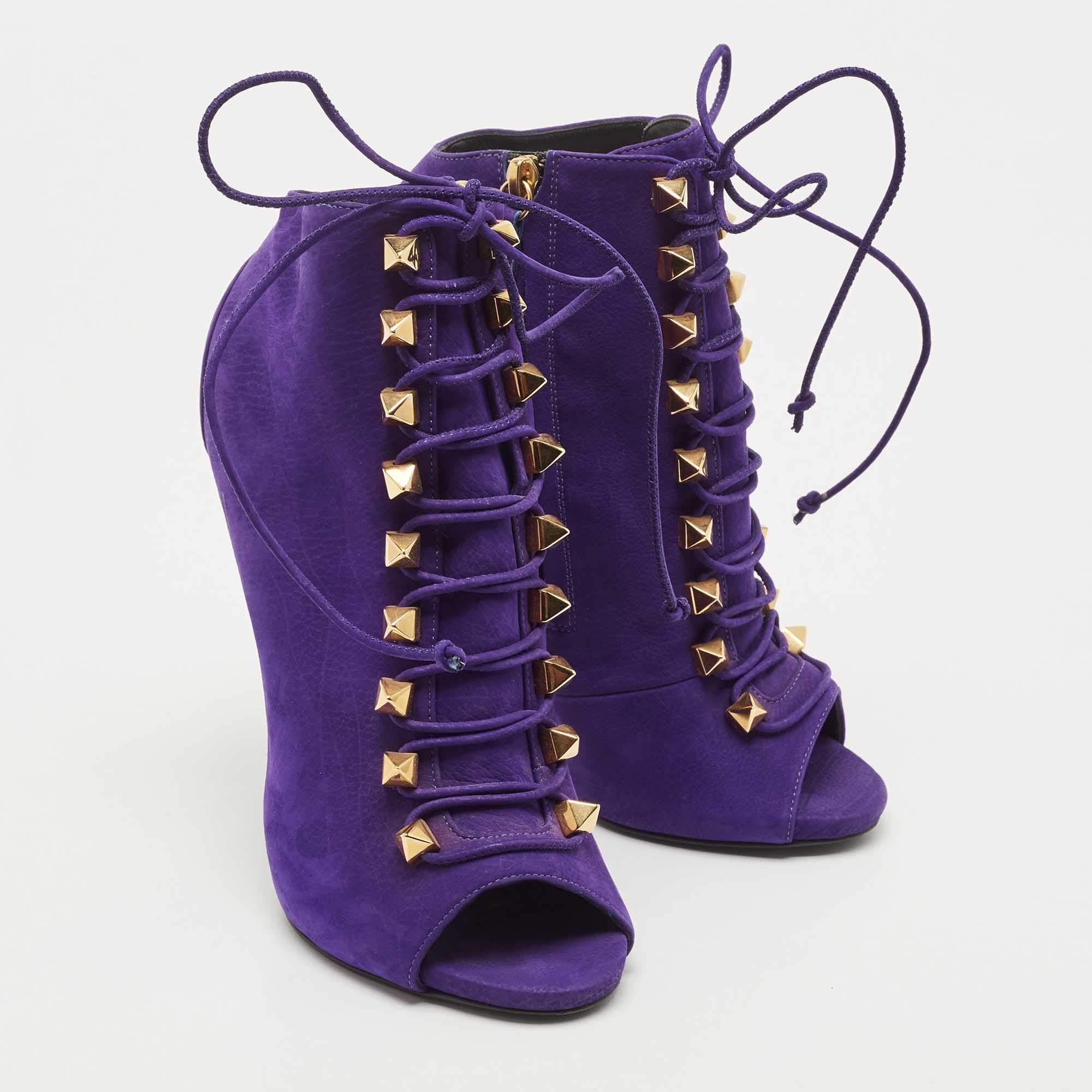 Women's Giuseppe Zanotti Purple Nubuck Leather Studded Lace Up Ankle Booties Size 38 For Sale