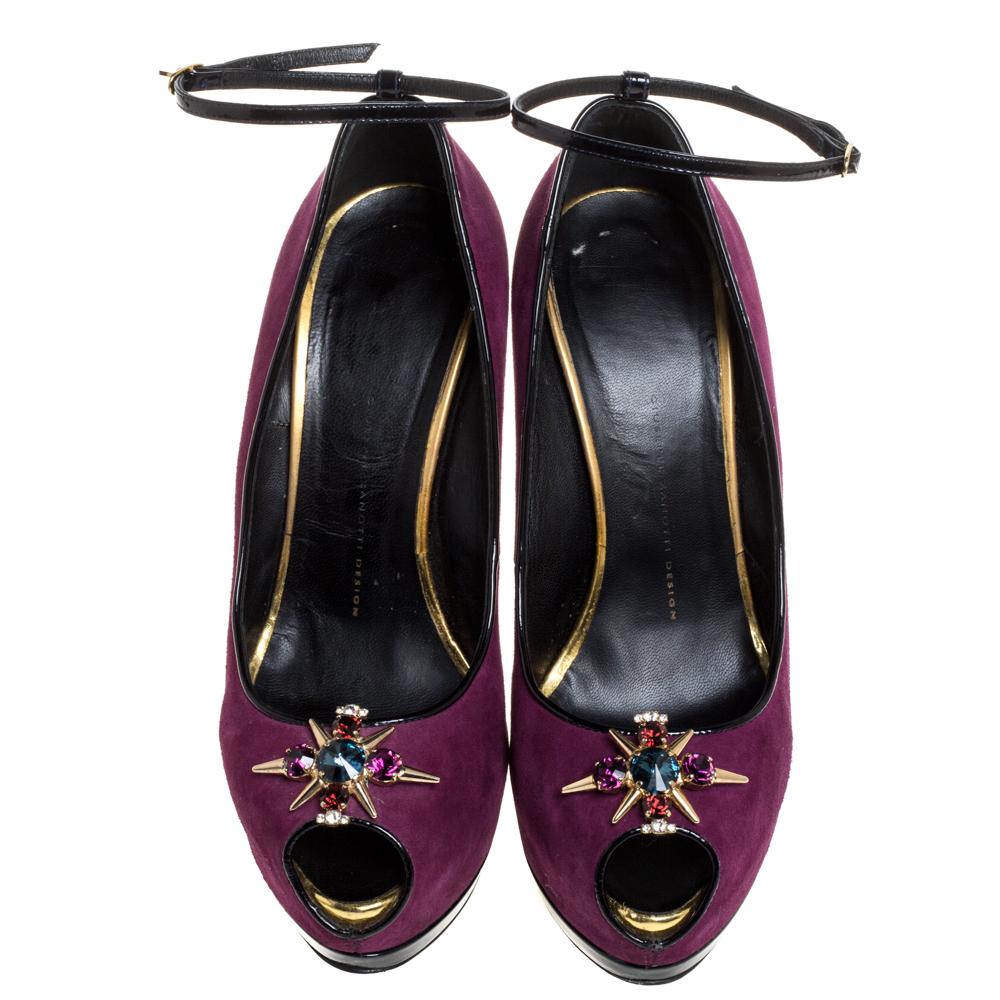 Black Giuseppe Zanotti Purple Suede Embellished Pep Toe Ankle Strap Pumps Size 40 For Sale
