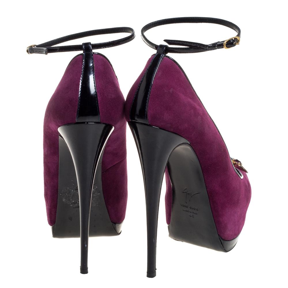 Giuseppe Zanotti Purple Suede Embellished Pep Toe Ankle Strap Pumps Size 40 For Sale 2