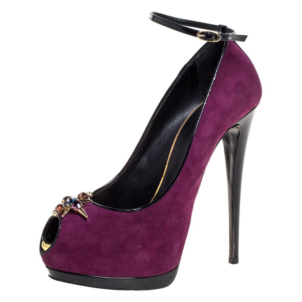 Giuseppe Zanotti Purple Suede Embellished Pep Toe Ankle Strap Pumps Size 40 For Sale