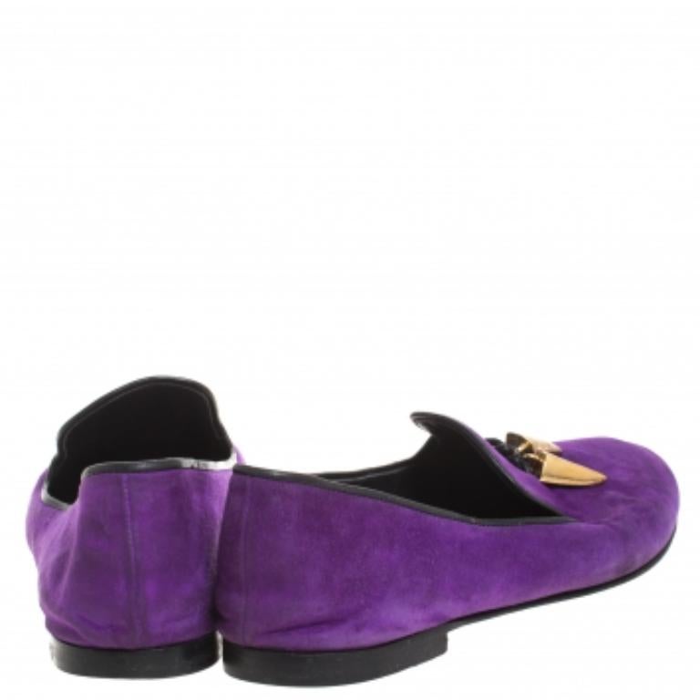 Viola Giuseppe Zanotti Purple Suede Kevin Shark Tooth Tassel Smoking Slippers Size 38 in vendita