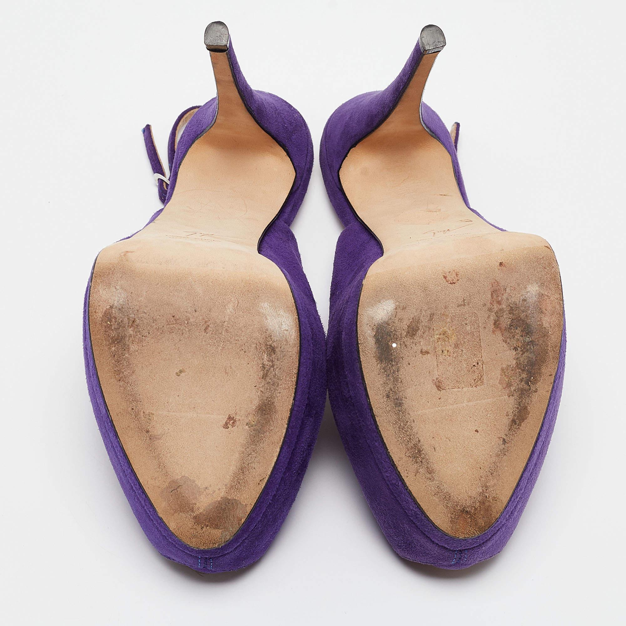 Giuseppe Zanotti Purple Suede Peep Toe Slingback Pumps Size 40 For Sale 2