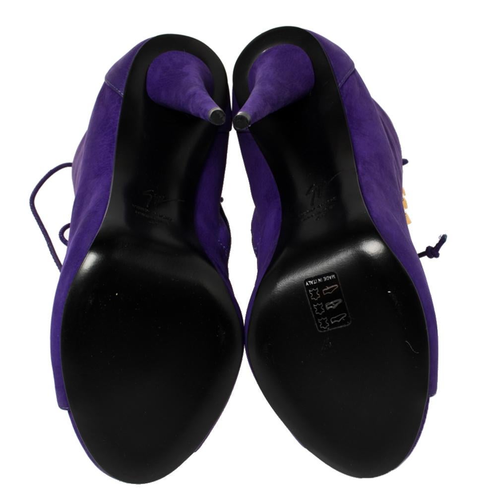 Women's Giuseppe Zanotti Purple Suede Studded Pyramid Peep Toe Boots Size 41