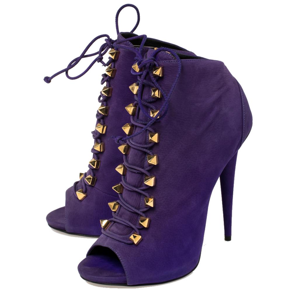 Giuseppe Zanotti Purple Suede Studded Pyramid Peep Toe Boots Size 41 1