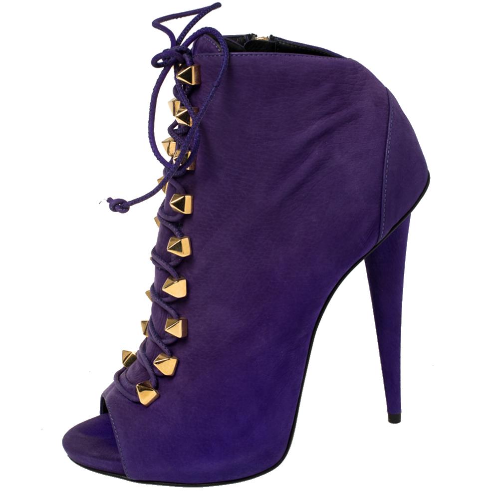 Giuseppe Zanotti Purple Suede Studded Pyramid Peep Toe Boots Size 41 2