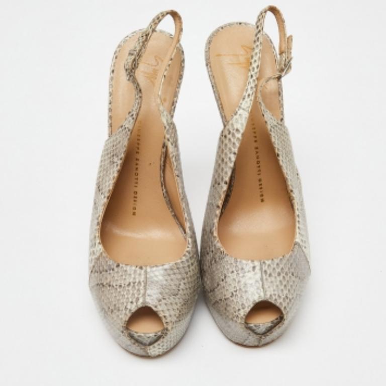 Brown Giuseppe Zanotti Python Leather Platform Peep Toe Slingback Sandals Size 38.5 For Sale