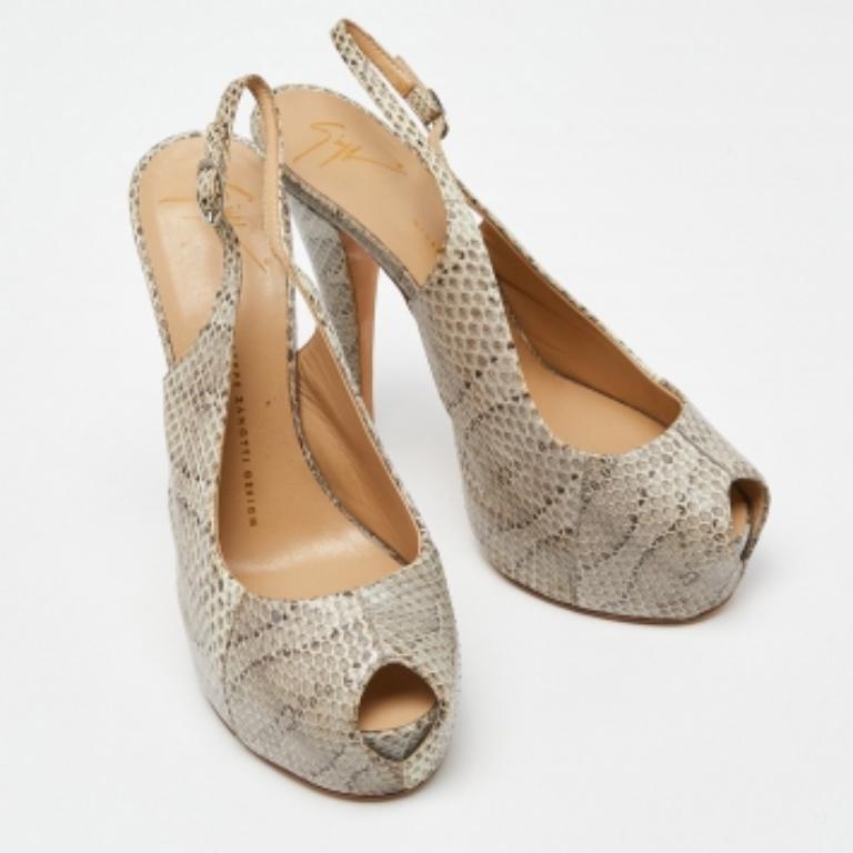 Women's Giuseppe Zanotti Python Leather Platform Peep Toe Slingback Sandals Size 38.5 For Sale