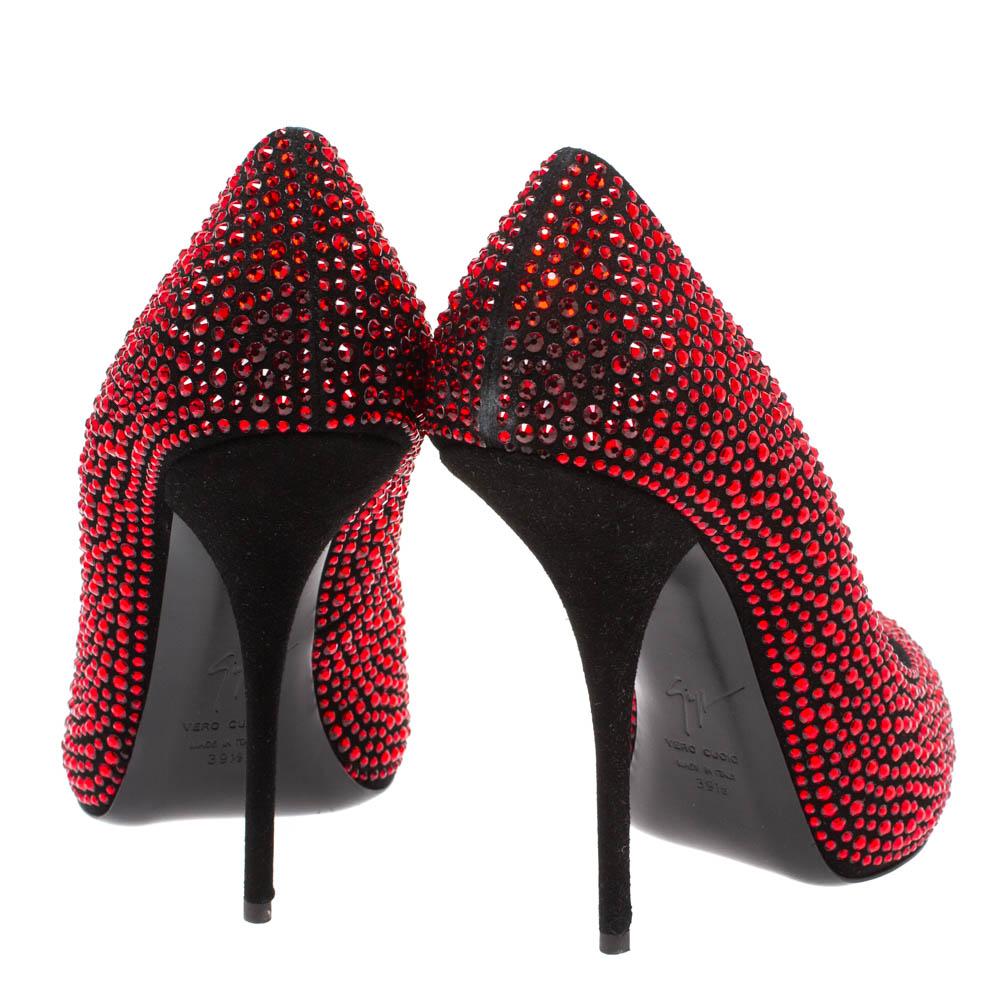 Women's Giuseppe Zanotti Red/Black Suede Crystal Embellished Peep Toe Pumps Size 39.5