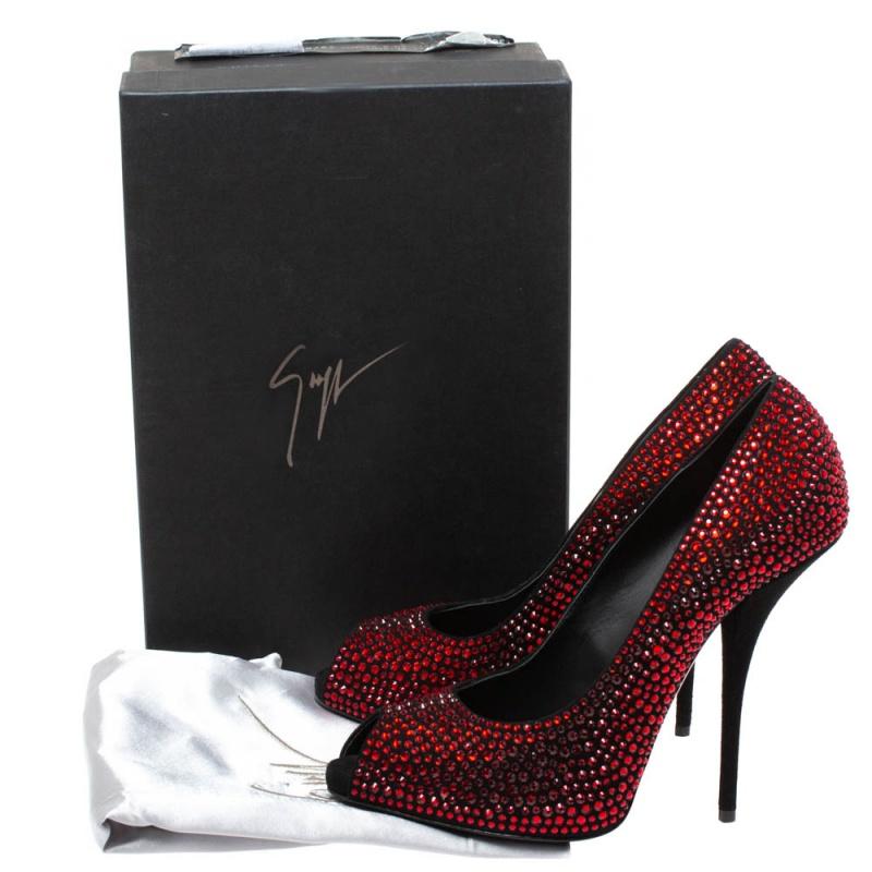 Giuseppe Zanotti Red/Black Suede Crystal Embellished Peep Toe Pumps Size 39.5 1
