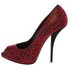 Giuseppe Zanotti Red/Black Suede Crystal Embellished Peep Toe Pumps Size 39.5