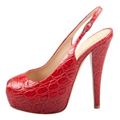 Giuseppe Zanotti Red Croc Embossed Leather Peep Toe Platform Sandals Size 37.5