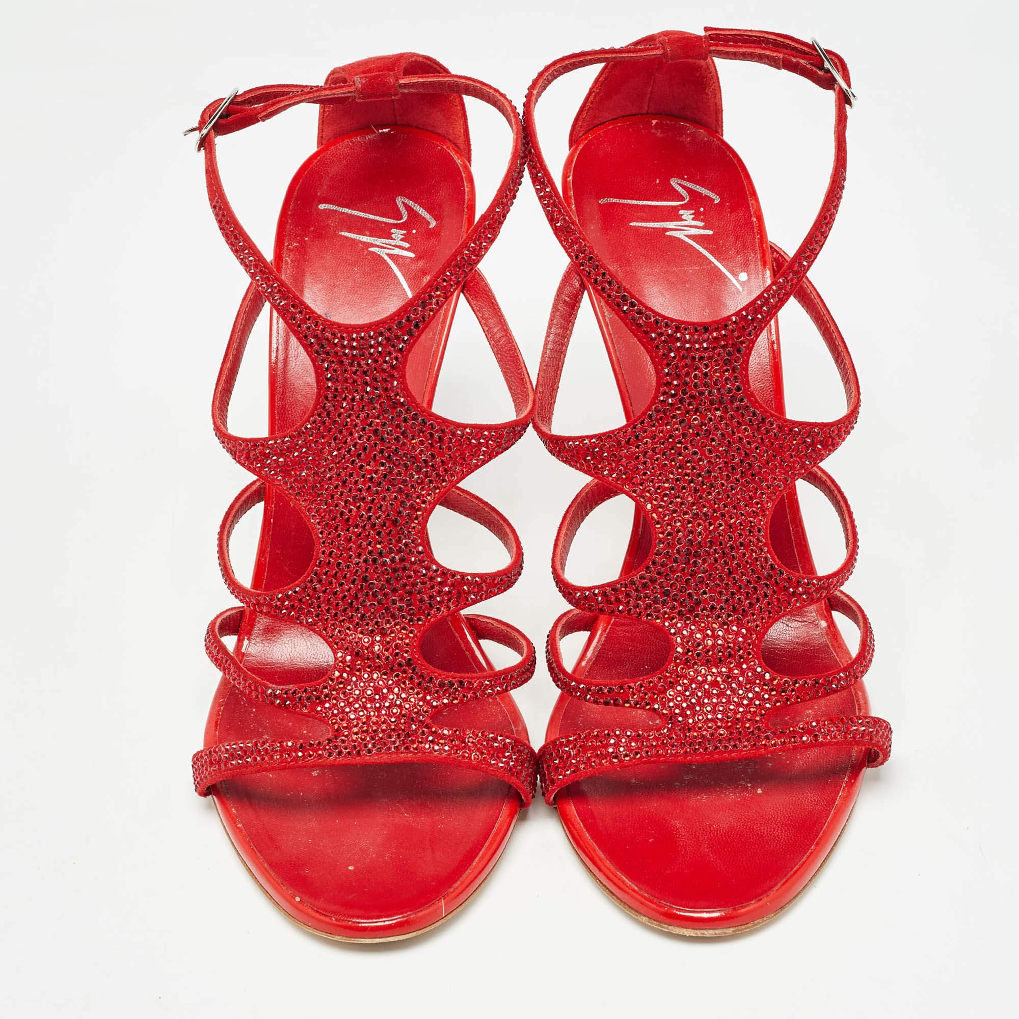 Orange Giuseppe Zanotti Red Crystal Embellished Suede Strappy Sandals Size 37 For Sale