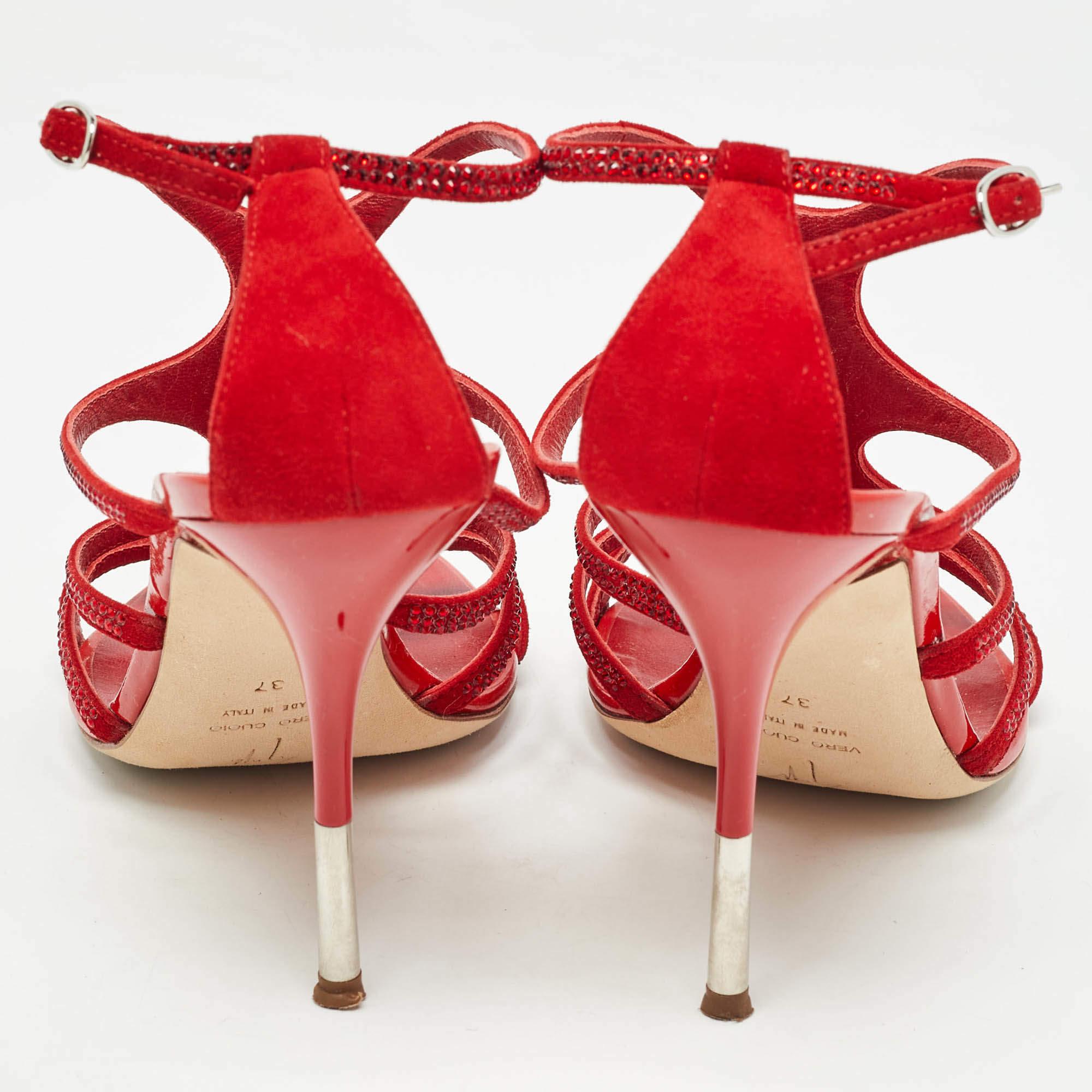 Women's Giuseppe Zanotti Red Crystal Embellished Suede Strappy Sandals Size 37 For Sale