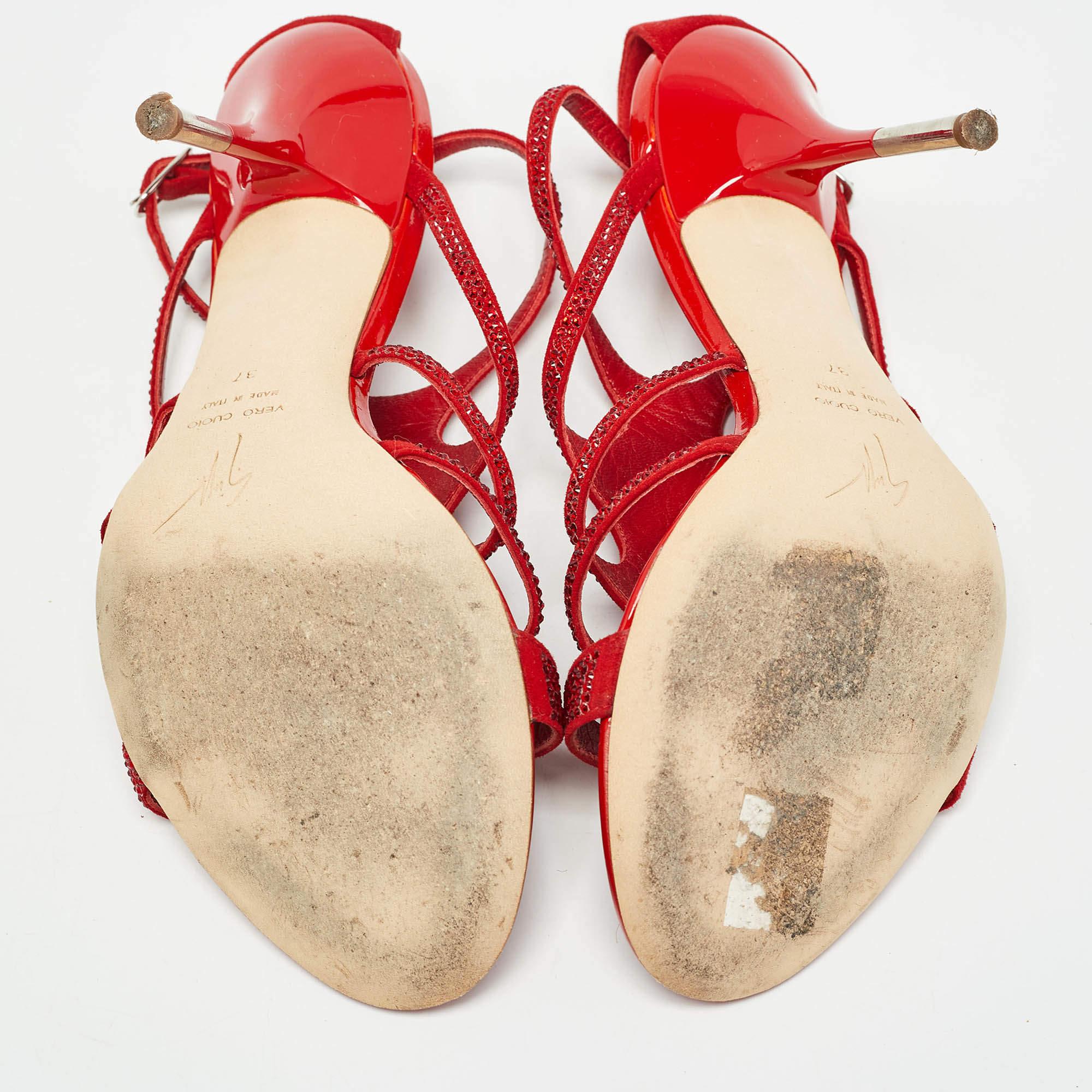 Giuseppe Zanotti Red Crystal Embellished Suede Strappy Sandals Size 37 For Sale 1