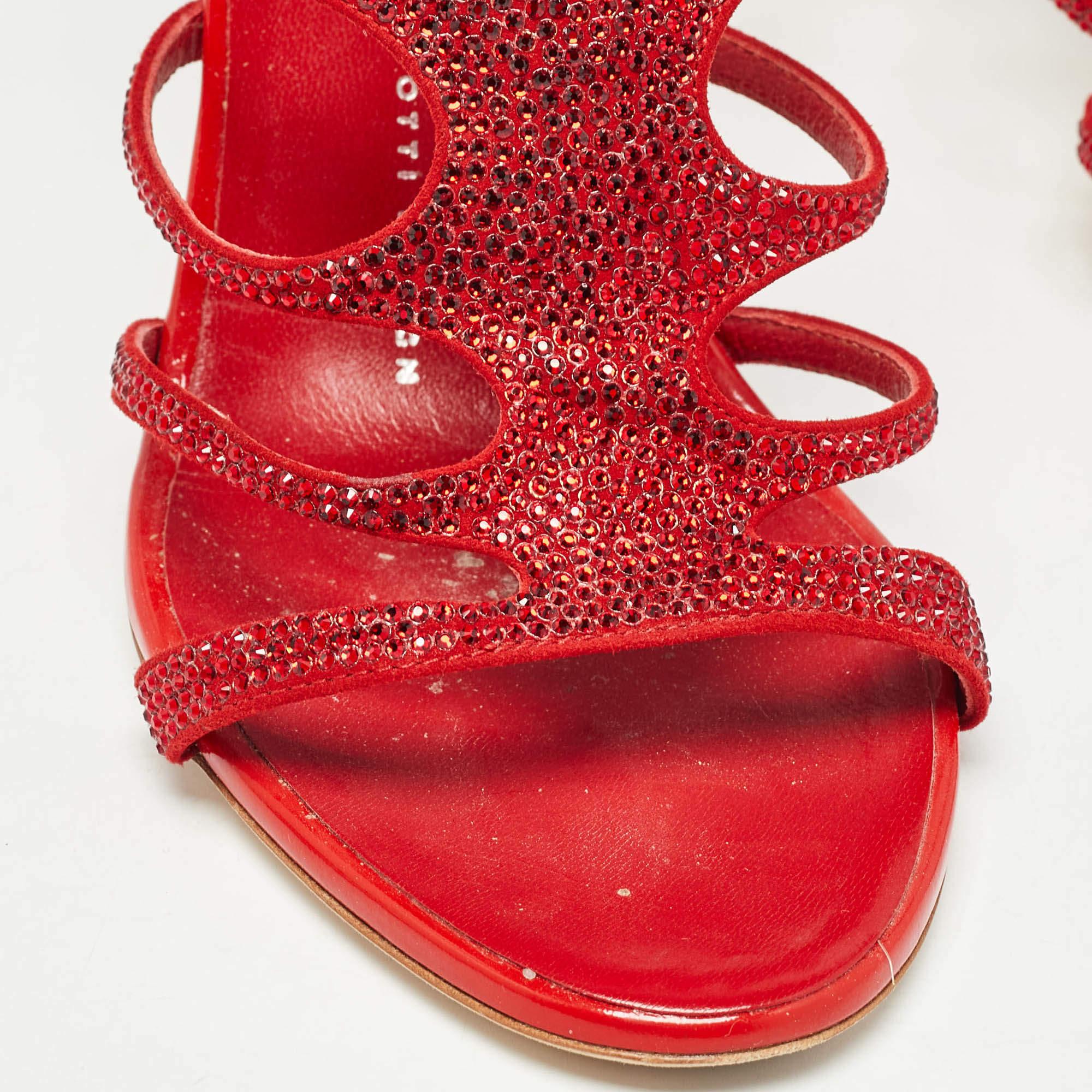 Giuseppe Zanotti Red Crystal Embellished Suede Strappy Sandals Size 37 For Sale 2