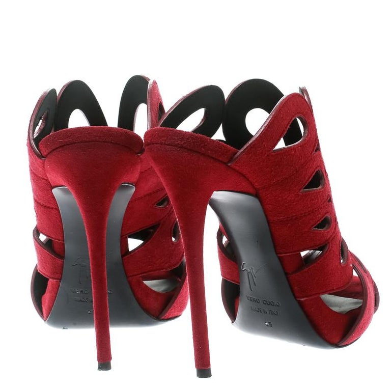 Giuseppe Zanotti Red Cutout Suede Peep Toe Mules Size 35 For Sale at ...