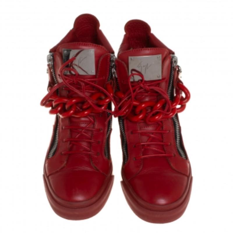 Giuseppe Zanotti Red Leather Chain Detail High Top Sneakers Size 40 In Fair Condition For Sale In Dubai, Al Qouz 2