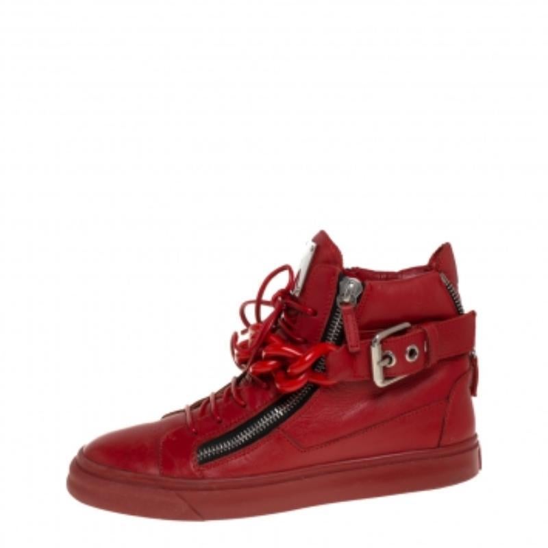 Men's Giuseppe Zanotti Red Leather Chain Detail High Top Sneakers Size 40 For Sale