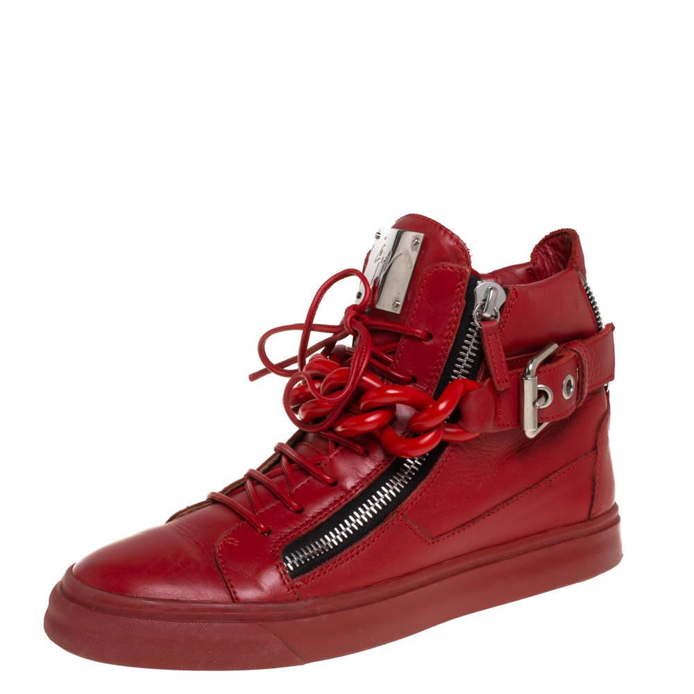 Giuseppe Zanotti Red Leather Chain Detail High Top Sneakers Size 40 For Sale 4