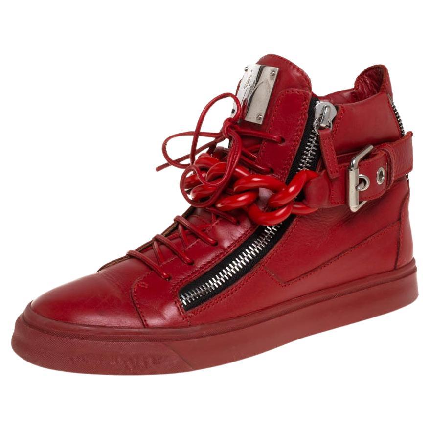 Giuseppe Zanotti Red Leather Chain Detail High Top Sneakers Size 40 For Sale