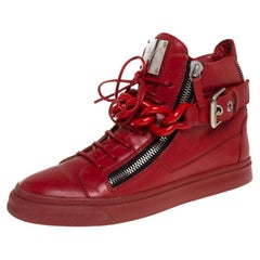 Used Giuseppe Zanotti Red Leather Chain Detail High Top Sneakers Size 40