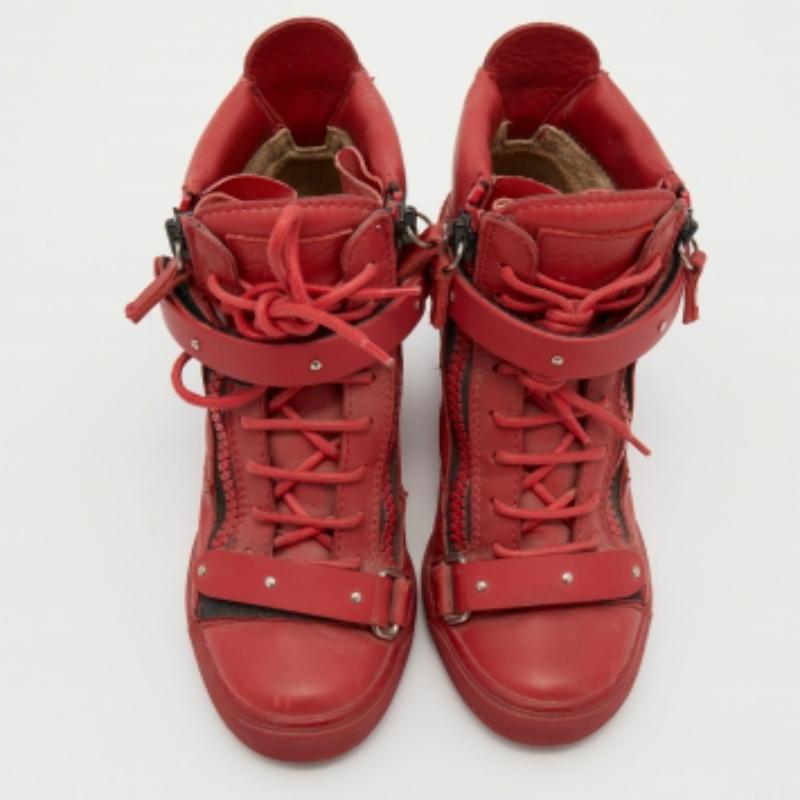 Brown Giuseppe Zanotti Red Leather High Top Wedge Sneakers Size 36.5 For Sale