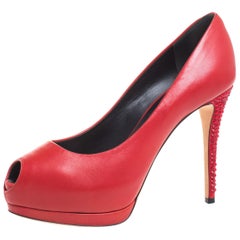Used Giuseppe Zanotti Red Leather 
Suede Embellished Peep Toe Platform Pumps Size 37