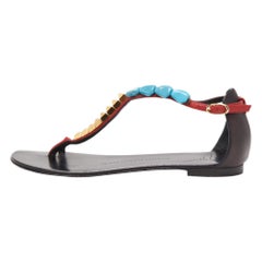 Giuseppe Zanotti Red Leather Turquoise Beaded Ankle Strap Thong Sandals Size 38