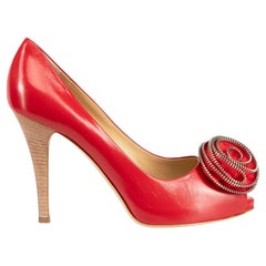 Used Giuseppe Zanotti Red Leather Zipper Rose Accent Heels Size IT 39.5