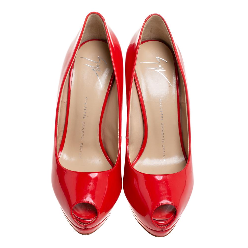 red patent leather peep toe pumps