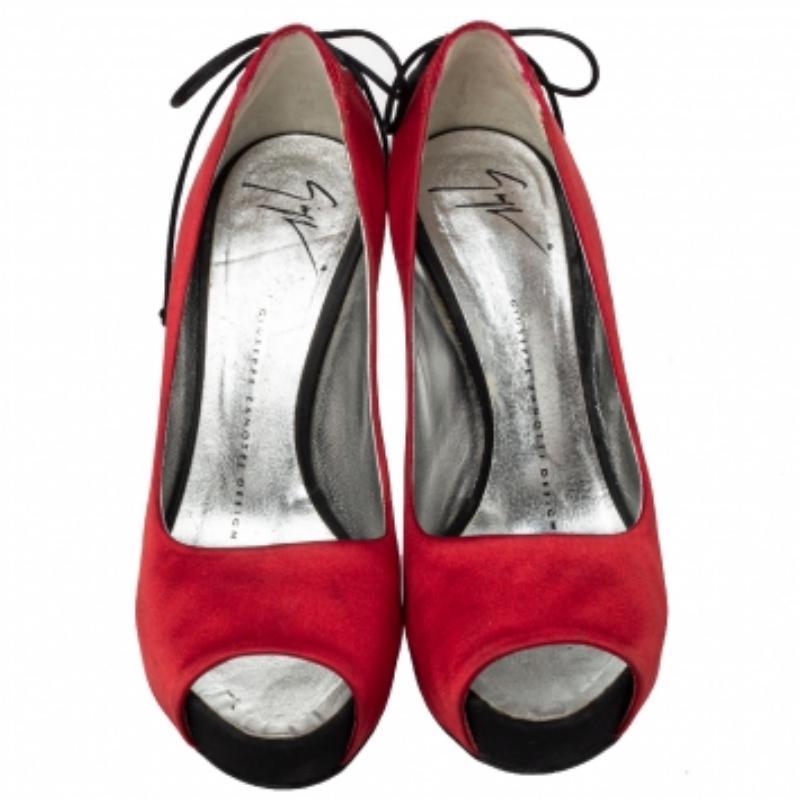 Women's Giuseppe Zanotti Red Satin Peep Toe Platform Pumps Size 36 For Sale