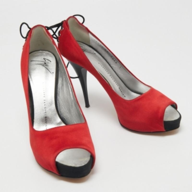 Giuseppe Zanotti Red Satin Peep Toe Platform Pumps Size 37 For Sale 1