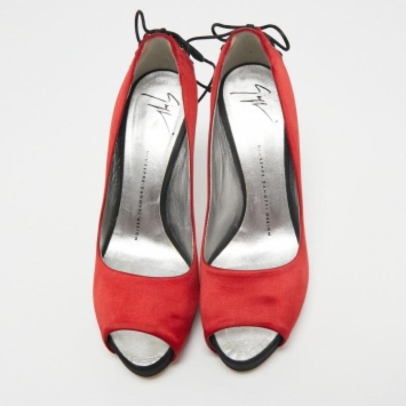 Giuseppe Zanotti Red Satin Peep Toe Platform Pumps Size 37 For Sale 2