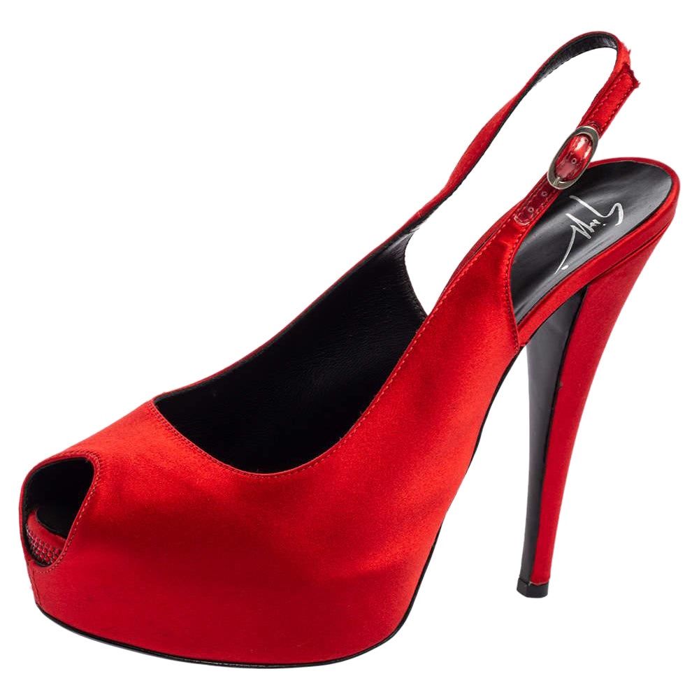 Giuseppe Zanotti Red Satin Peep Toe Slingback Pumps Size 41