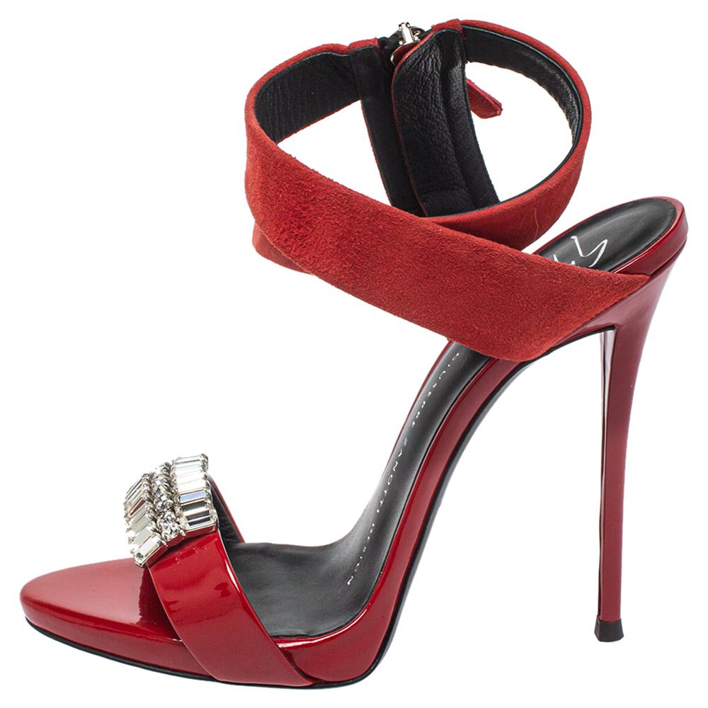 Women's Giuseppe Zanotti Red Suede And Patent Leather Embellished Sandals Size 36