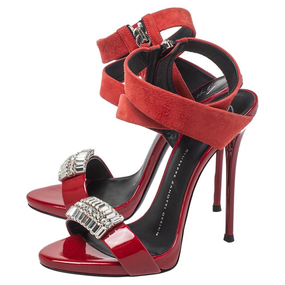 Giuseppe Zanotti Red Suede And Patent Leather Embellished Sandals Size 36 For Sale 1