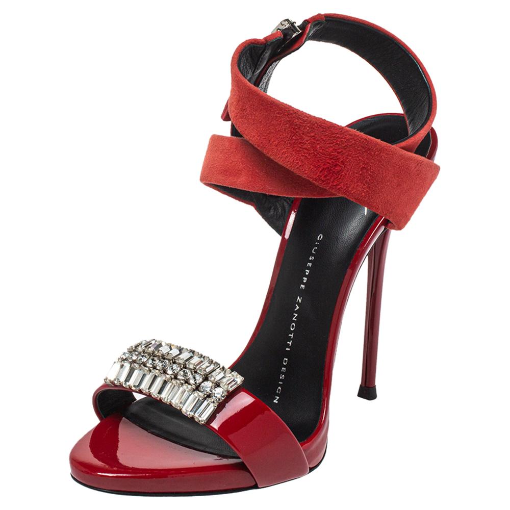 Giuseppe Zanotti Red Suede And Patent Leather Embellished Sandals Size 36 For Sale