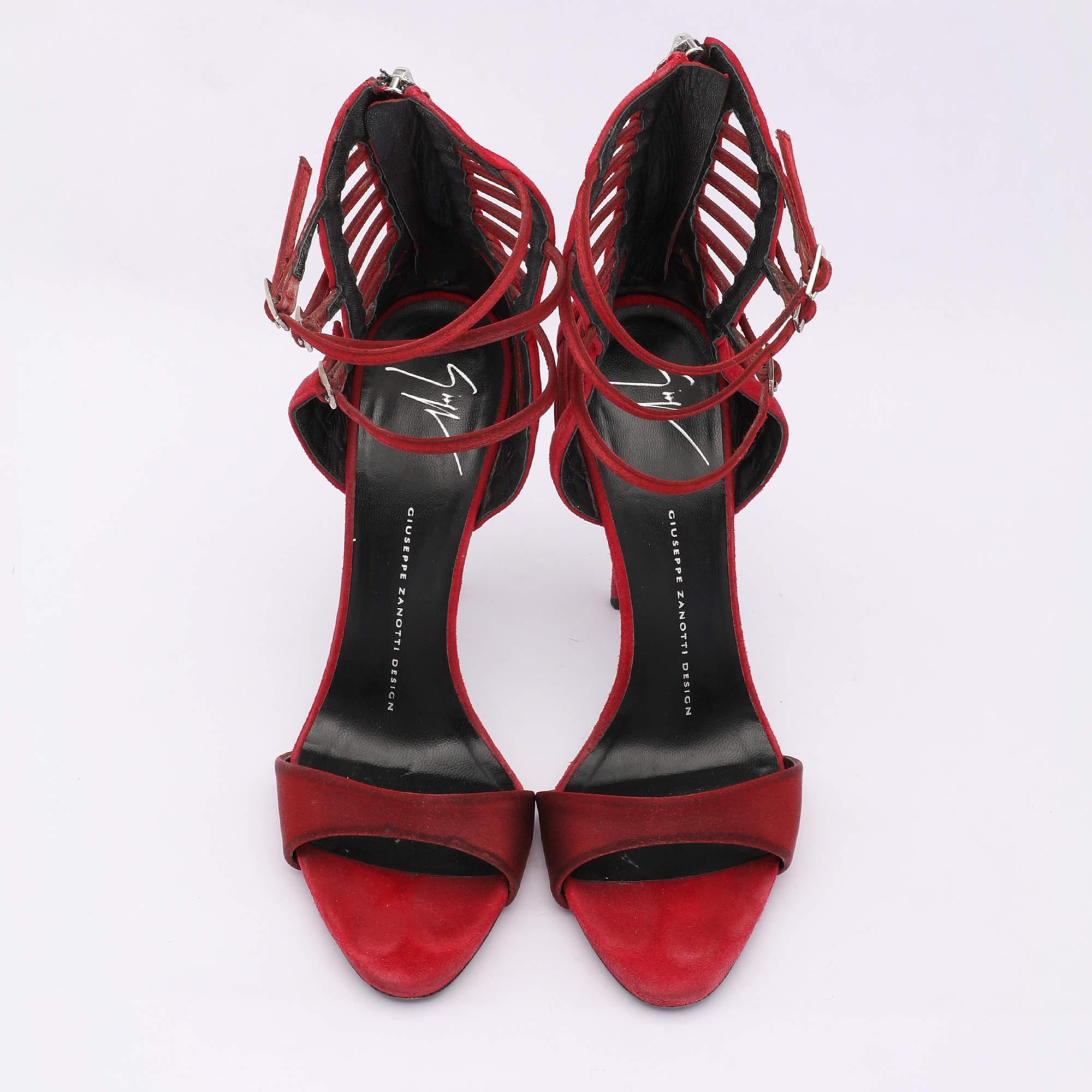 Giuseppe Zanotti Red Suede and Satin Caged Sandals Size 38 In Good Condition In Dubai, Al Qouz 2