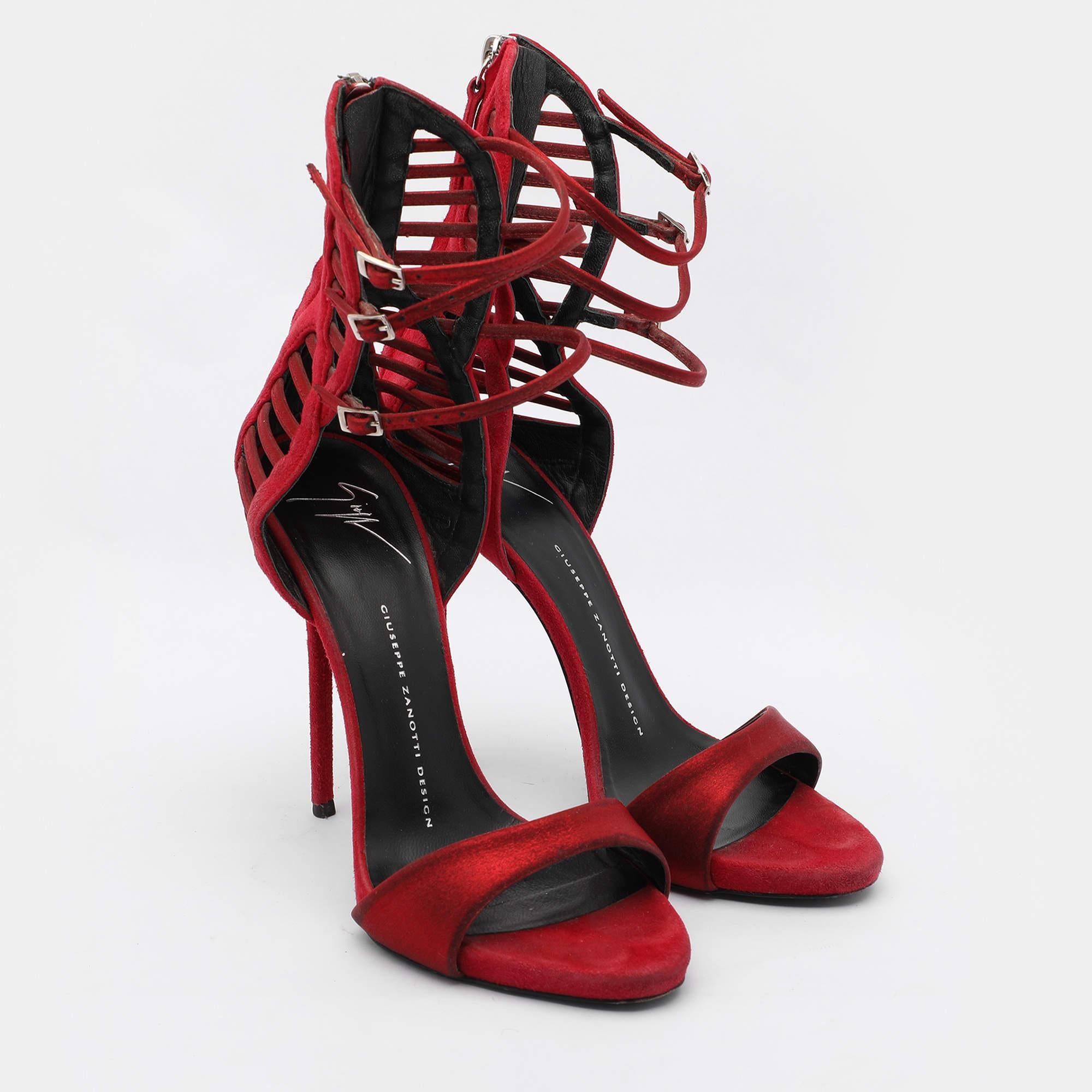 Women's Giuseppe Zanotti Red Suede and Satin Caged Sandals Size 38