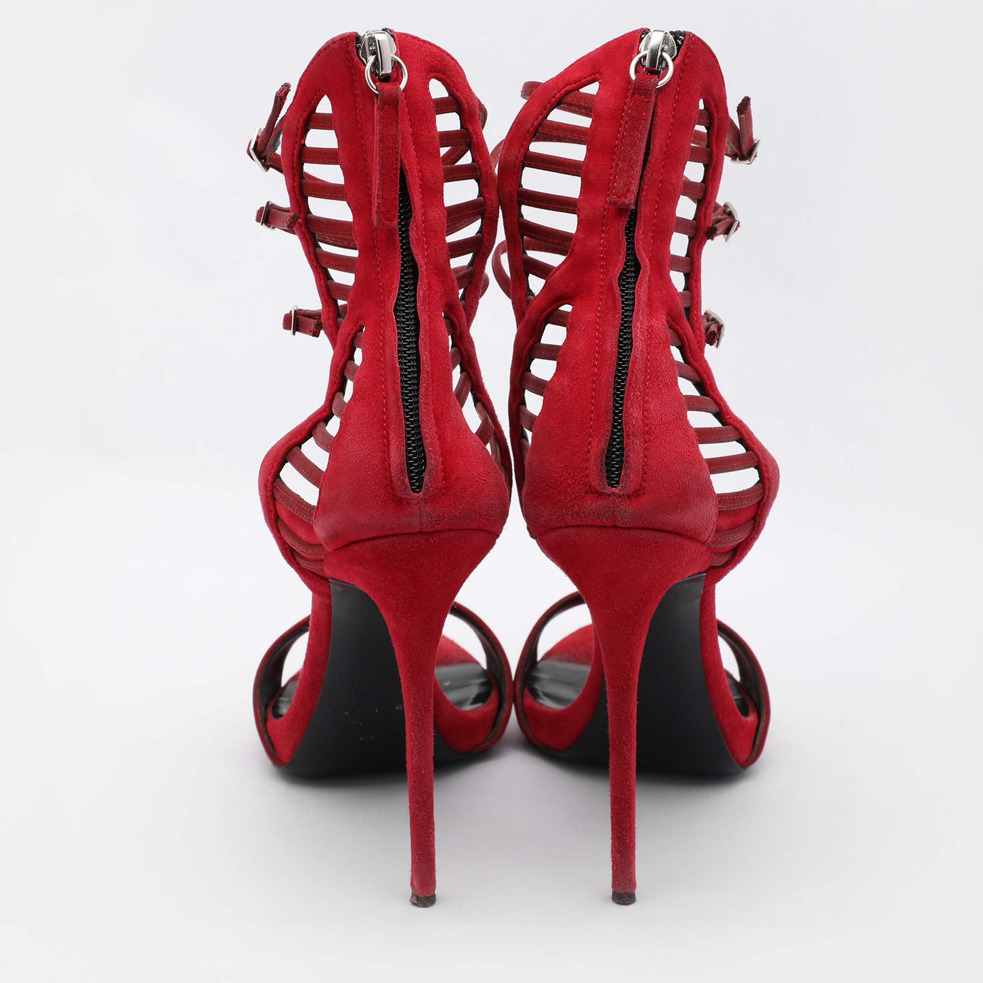Giuseppe Zanotti Red Suede and Satin Caged Sandals Size 38 1