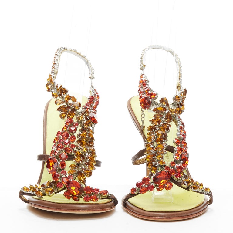 GIUSEPPE ZANOTTI red yellow rhinestone embellished brown leather