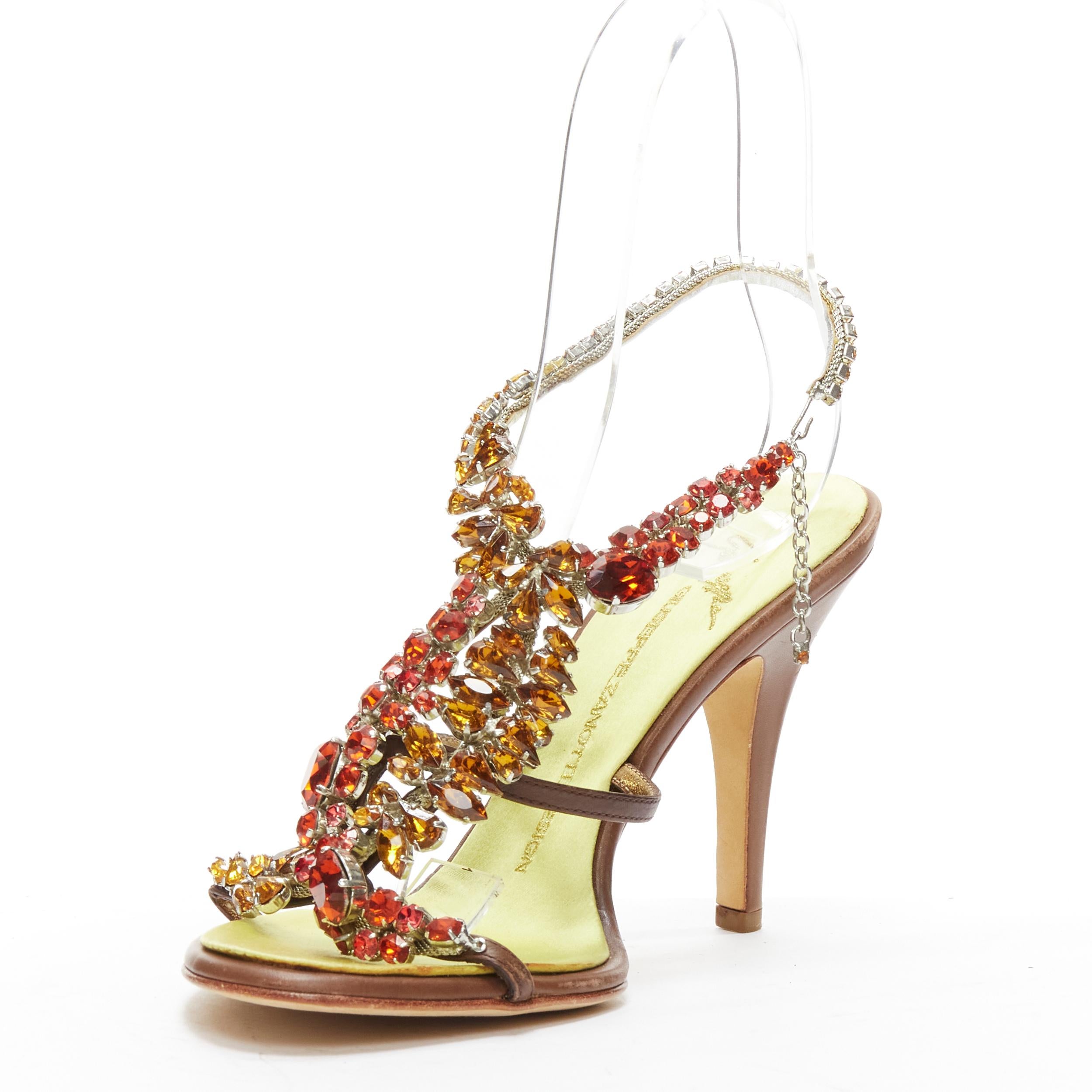 GIUSEPPE ZANOTTI red yellow rhinestone embellished brown leather sandals EU38 In Fair Condition For Sale In Hong Kong, NT