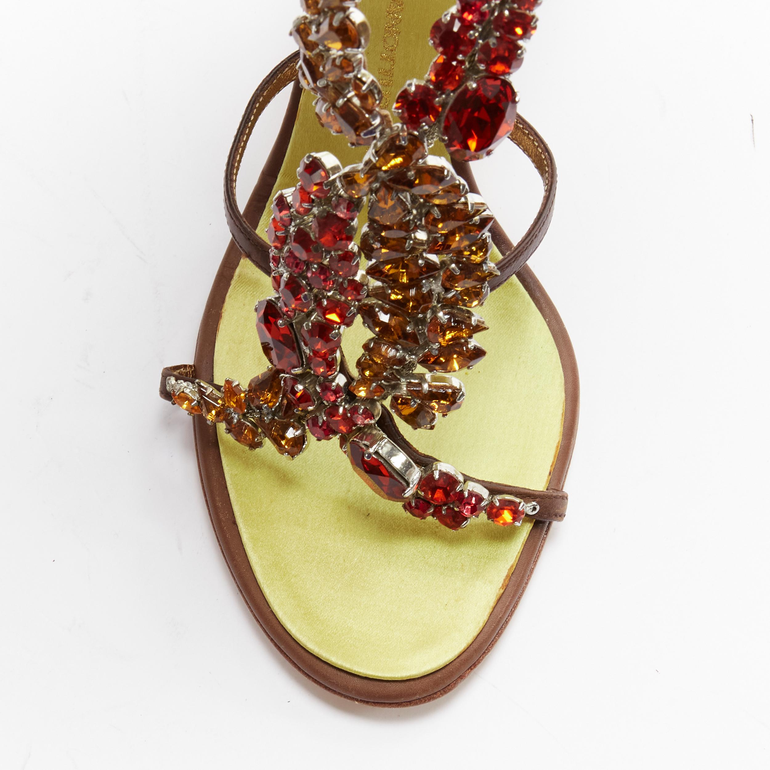 GIUSEPPE ZANOTTI red yellow rhinestone embellished brown leather sandals EU38 For Sale 1