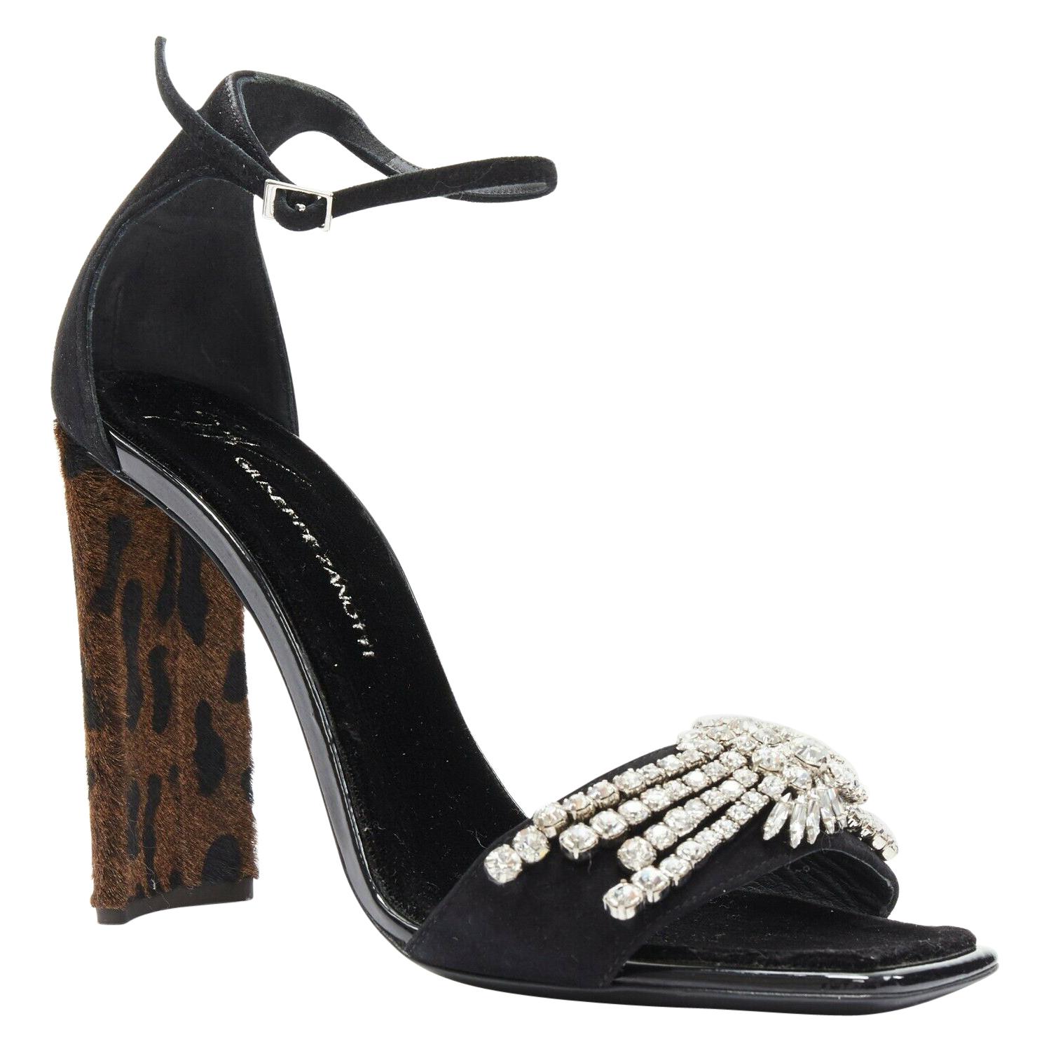 GIUSEPPE ZANOTTI Sabine 2017 black suede crystal embellished leopard sandal EU39 For Sale
