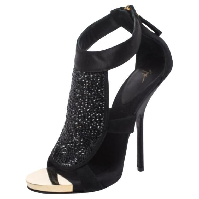 Giuseppe Zanotti Satin and Suede Crystal Embellished Ankle Strap Sandals Size 38 For Sale
