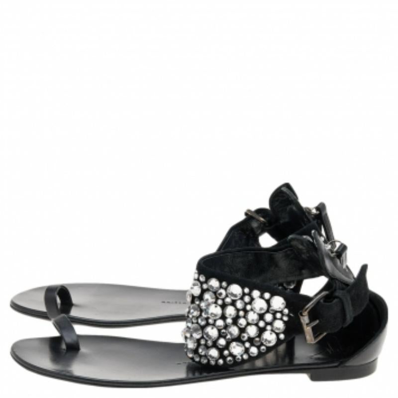 Black Giuseppe Zanotti Satin & Leather Embellished Ankle Wrap Flat Sandals Size 37 For Sale